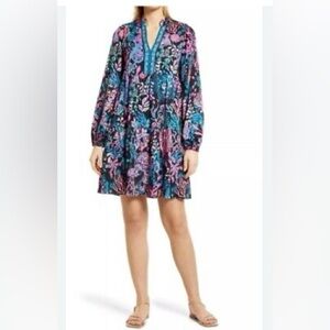 Lilly Pulitzer SZ L Beautiful Blue and Purple floral long sleeve Tiered dress